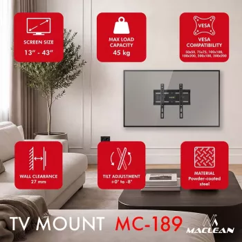 MACLEAN MC-189 Slīps TV sienas stiprinājums 13-43 collu ekrāniem, VESA 200x200, 45 kg, melns