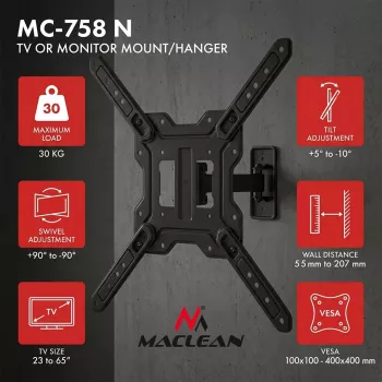 Maclean MC-758 N fiksēts sienas stiprinājums 23-65 collu televizoriem un monitoriem, 30 kg, VESA 400x400, melns