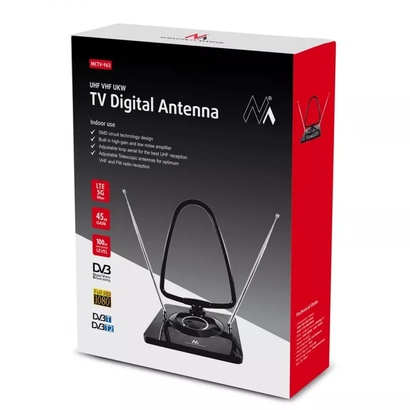 Maclean MCTV-963 High Gain Indoor Aerial Antenna Low Noise Digital Analog Freeview FM DVB Strong 45dB DVB-T/T2 H.265 HEVC