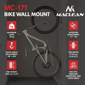 Maclean sienas velosipēdu turētājs / pakaramais, max. slodze 35 kg, regulējams slīpuma leņķis, tērauds, MC-171