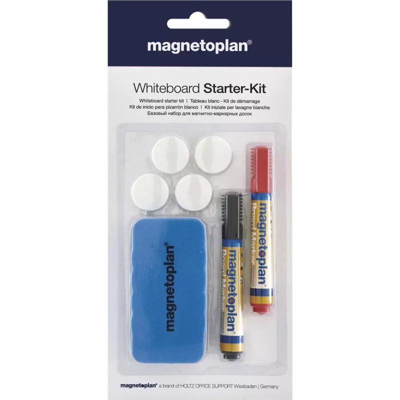 MAGNETOPLAN HOLTZ 37102 Tāfeles piederumu komplekts – magnētiskais dzēsējs, 4 magnēti, 4 marķieri (melns/sarkans)