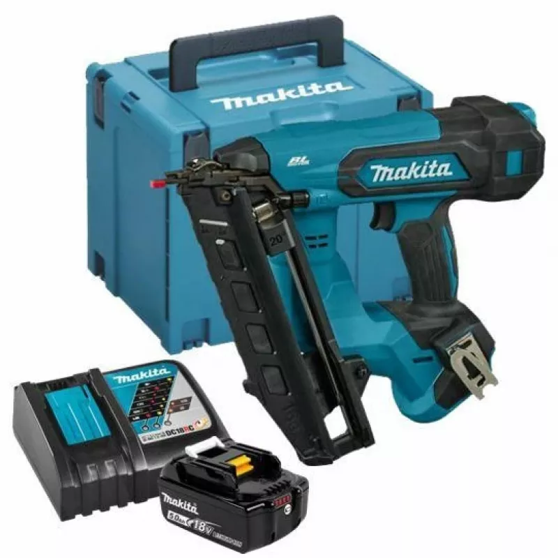 MAKITA 18V LXT Bezvada Leņķa Apdares Naglotājs DBN610ZJ 20° 32-64mm 16Ga 2x5.0Ah Komplekts ar Lādētāju un Makpac Maciņu