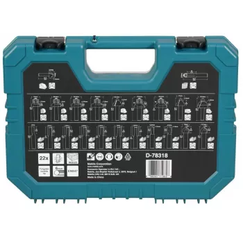 Makita 22 gabalu universāls urbjmašīnas uzgaļu komplekts ar HSS-R, mūra, koka un skrūvgrieža uzgaļiem, 6 mm