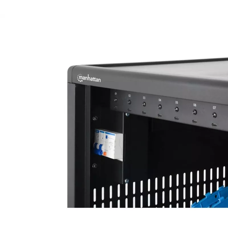 Manhattan 12 nodalījumu USB-C klēpjdatoru uzlādes skapis uz riteņiem, 65W vienam portam, 780W kopā, tērauds, melns, UK un EU kabeļi, 395x32.5x290mm nodalījumi