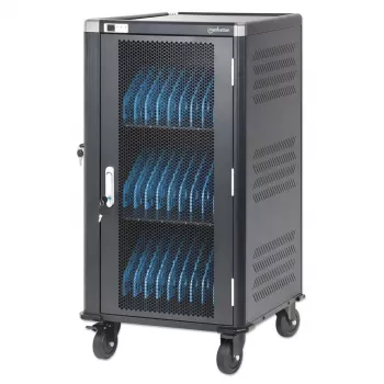 Manhattan 30 vietu klēpjdatoru uzlādes ratiņi/skapis caur maiņstrāvas adapteri (ES) - Bloķējams tērauda skapis, 220-240V, 2300W, CEE 7/7 spraudnis, 3m vads, 4 ritentiņi