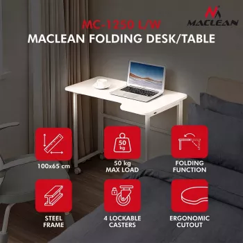 MCN Maclean salokāms galds L-veida balts 100x65 cm mobilais ar bloķējamiem riteņiem MC-1250 L/W