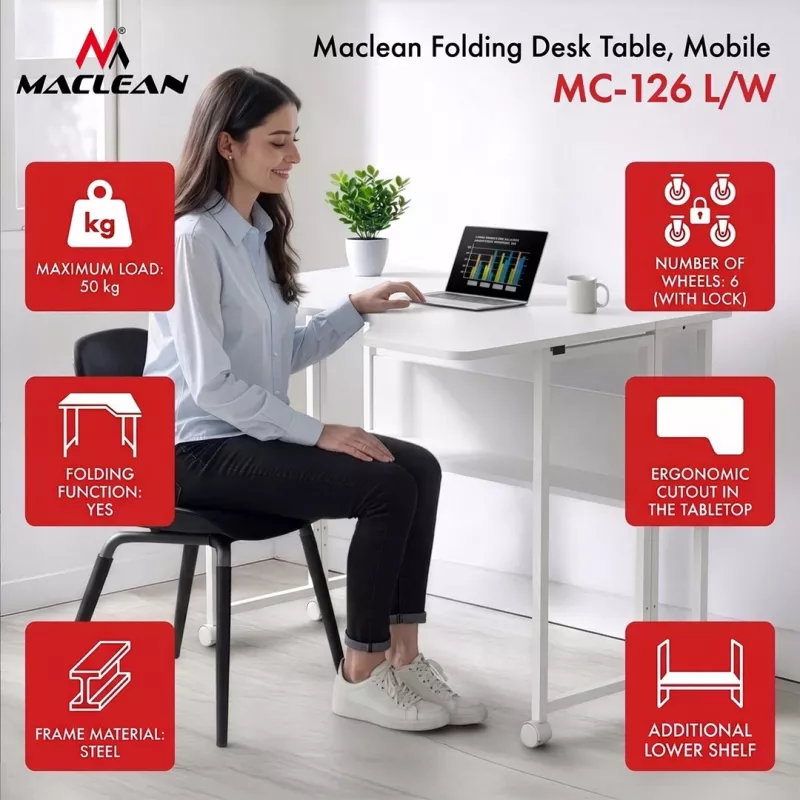 MCN Maclean MC-126 L/W salokāms L-veida galds, balts, mobilais, 100x73 cm, 50 kg slodze