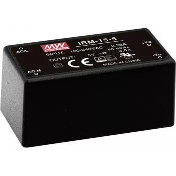 MEAN WELL IRM-15-5 15W 5V 3A iekapsulēts PCB montāžas barošanas bloks, 85-264VAC ieeja, melns
