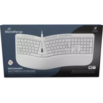 MediaRange MROS272 Ergonomiskā vadu klaviatūra, dalīts dizains, 124 taustiņi, iebūvēts ritināšanas ritenītis, balta