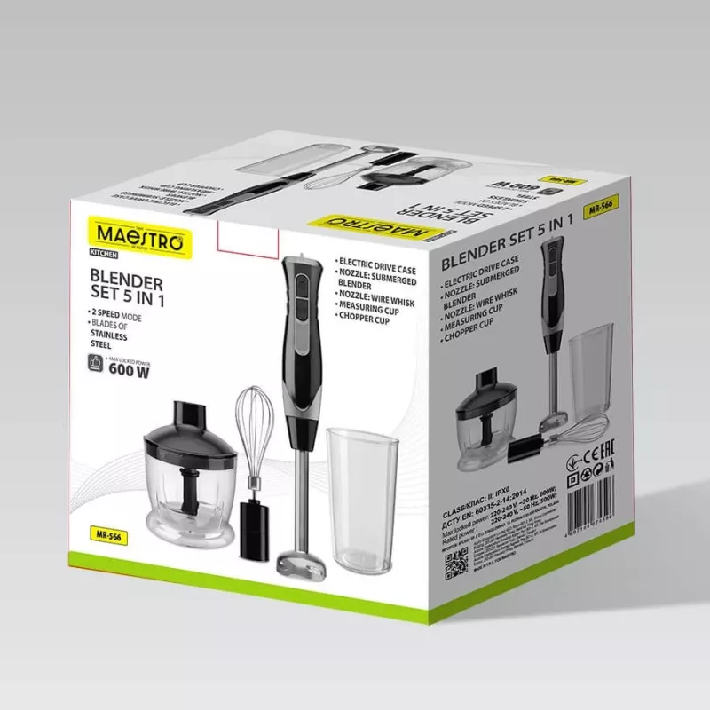 MEO MR-566 MAESTRO 500W rokas blenderis ar kapāšanas trauku, putotāju un mērtrauku