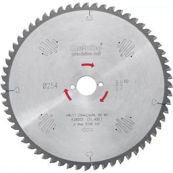 Metabo 628222000 Precision Cut Classic ripzāģa asmens 254x30x2.4mm, 60 zobi, FZ/TR, negatīvs slīpuma leņķis, priekš KS 254 Plus, KGS 254 M, KGS 254 Plus, KGS 254 I Plus