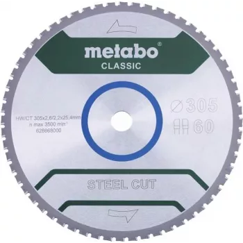 Metabo STEEL CUT CLASSIC ripzāģa asmens 305 x 25.4 x 2.2 mm, 60 zobi, volframa karbīda TCG, negatīvs āķis, tērauda sausai griešanai 628668000