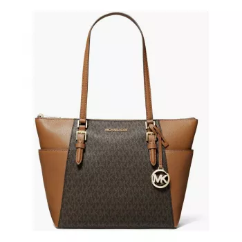 Michael Kors Carmen Sieviešu plecu soma - Brūna Saffiano āda ar zelta toņa metāla detaļām (25x28x11 cm)