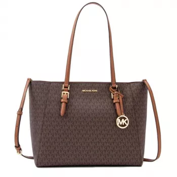 Michael Kors Jet Set Travel Saffiano Leather Tote Bag - Sieviešu brūna tote ar zelta toņa metāla detaļām (42x28x10 cm)
