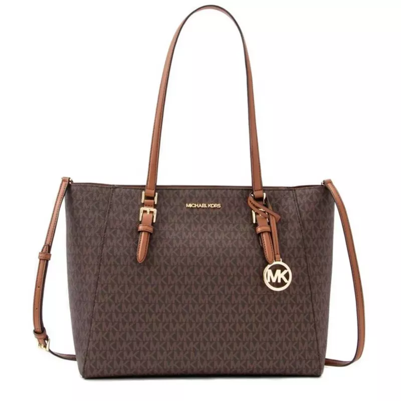 Michael Kors Jet Set Travel Saffiano Leather Tote Bag - Sieviešu brūna tote ar zelta toņa metāla detaļām (42x28x10 cm)