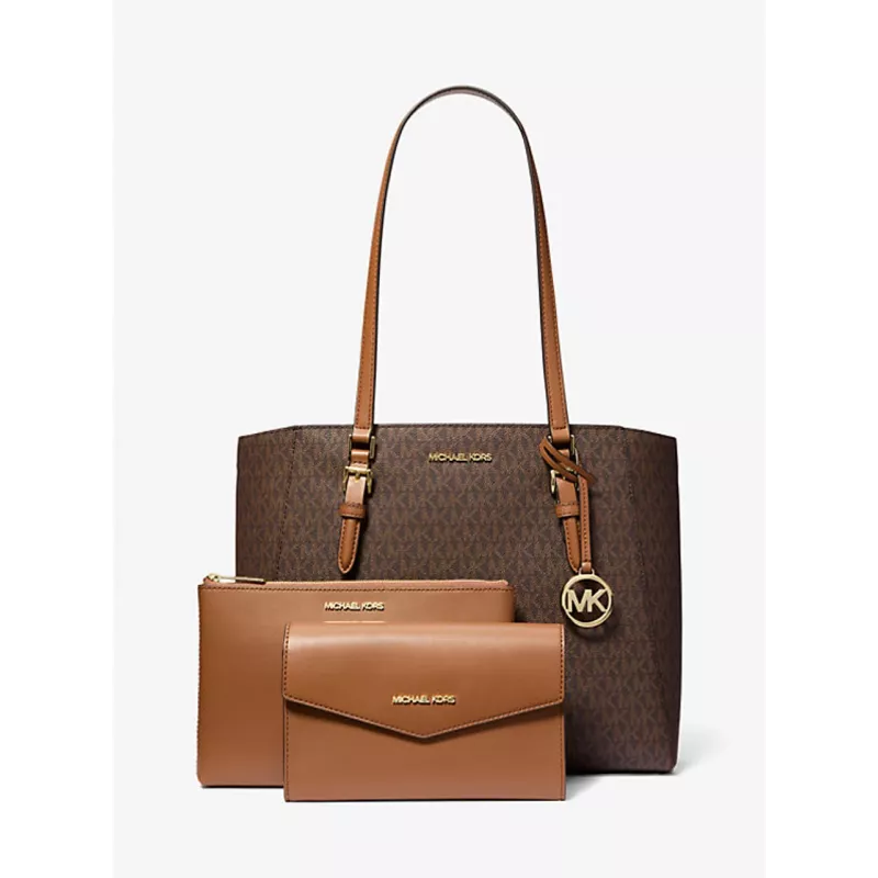 Michael Kors Jet Set Travel Saffiano Leather Tote Bag - Sieviešu brūna tote ar zelta toņa metāla detaļām (42x28x10 cm)