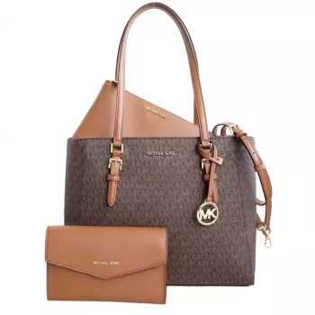 Michael Kors Jet Set Travel Saffiano Leather Tote Bag - Sieviešu brūna tote ar zelta toņa metāla detaļām (42x28x10 cm)