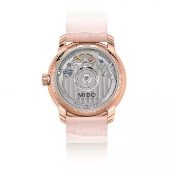 MIDO Baroncelli III Lady Automātiskais Pulkstenis 33mm Roze Zelts PVD Nerūsējošais Tērauds Sudraba Ciparnīca Brūna Ādas Siksniņa M027207360100