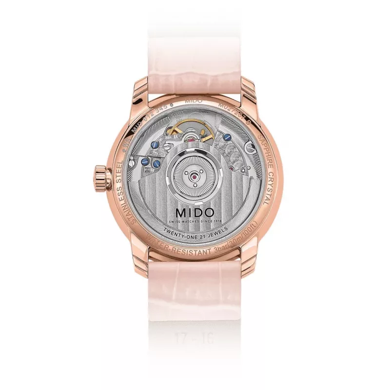 MIDO Baroncelli III Lady Automātiskais Pulkstenis 33mm Roze Zelts PVD Nerūsējošais Tērauds Sudraba Ciparnīca Brūna Ādas Siksniņa M027207360100