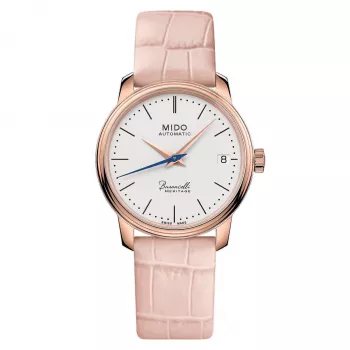 MIDO Baroncelli III Lady Automātiskais Pulkstenis 33mm Roze Zelts PVD Nerūsējošais Tērauds Sudraba Ciparnīca Brūna Ādas Siksniņa M027207360100