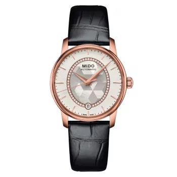 MIDO Baroncelli III Lady Automātiskais pulkstenis 33mm Roze zelts PVD Balts perlamutra ciparnīca Dimanta marķieri Balta ādas siksniņa