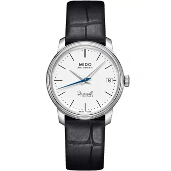 MIDO Baroncelli Lady Automātiskais pulkstenis 33mm Nerūsējošais tērauds Balts ciparnīca Melna ādas siksniņa M027207160100