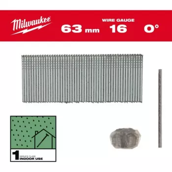 Milwaukee 16 gabarīta 63 mm 0° brad naglas M18 FN16GS (2500 iepakojums)
