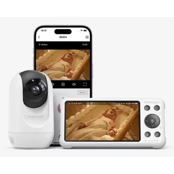 Momcozy BM016-WH12BA-A 5 inch 720p HD video mazuļa monitors ar panoramēšanu, slīpumu un tālummaiņu, divvirzienu sarunu, temperatūras sensoru, šūpuļdziesmām un VOX režīmu - balts