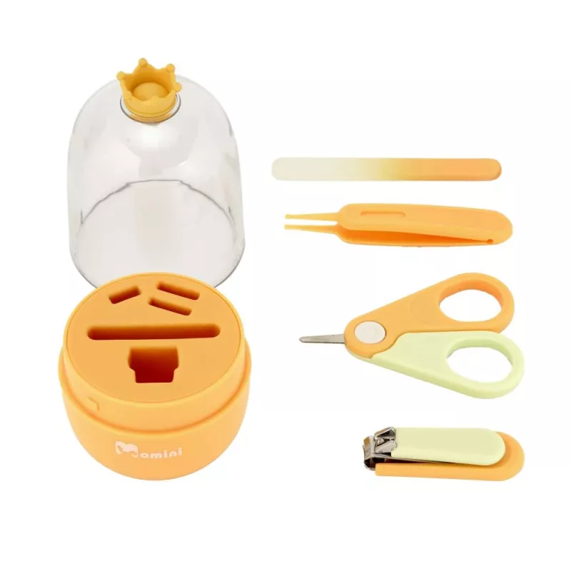 Momini Baby Nail Care Kit Sunny - Elektriskā mazuļu nagu vīle ar 6 slīpēšanas galviņām, 2 ātrumiem, LED gaismu, balta/dzeltena