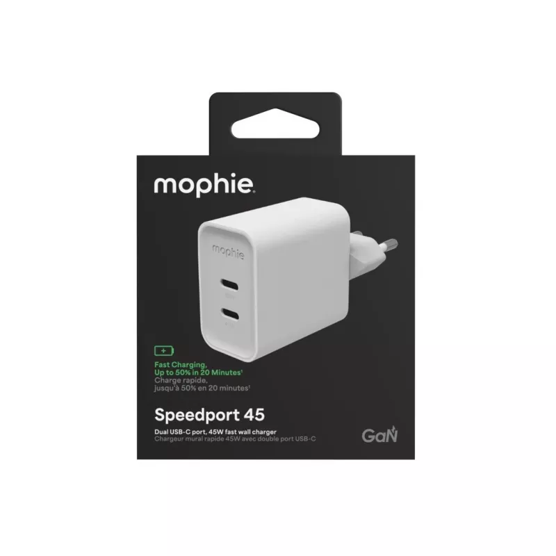 Mophie ROC GaN 45W Divu USB-C sienas lādētājs - Balts