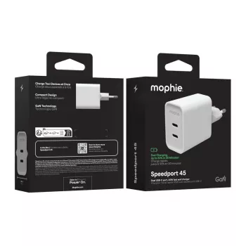 Mophie ROC GaN 45W Divu USB-C sienas lādētājs - Balts