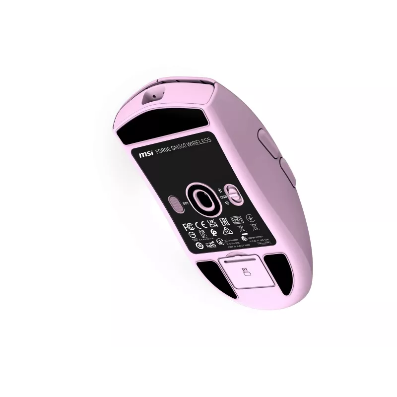 MSI FORGE GM340 W Lightweight Gaming Mouse ar PixArt PAW-3311 sensoru, līdz 12 000 DPI, trīs režīmu bezvadu (2,4 GHz/Bluetooth/USB-C), violeta