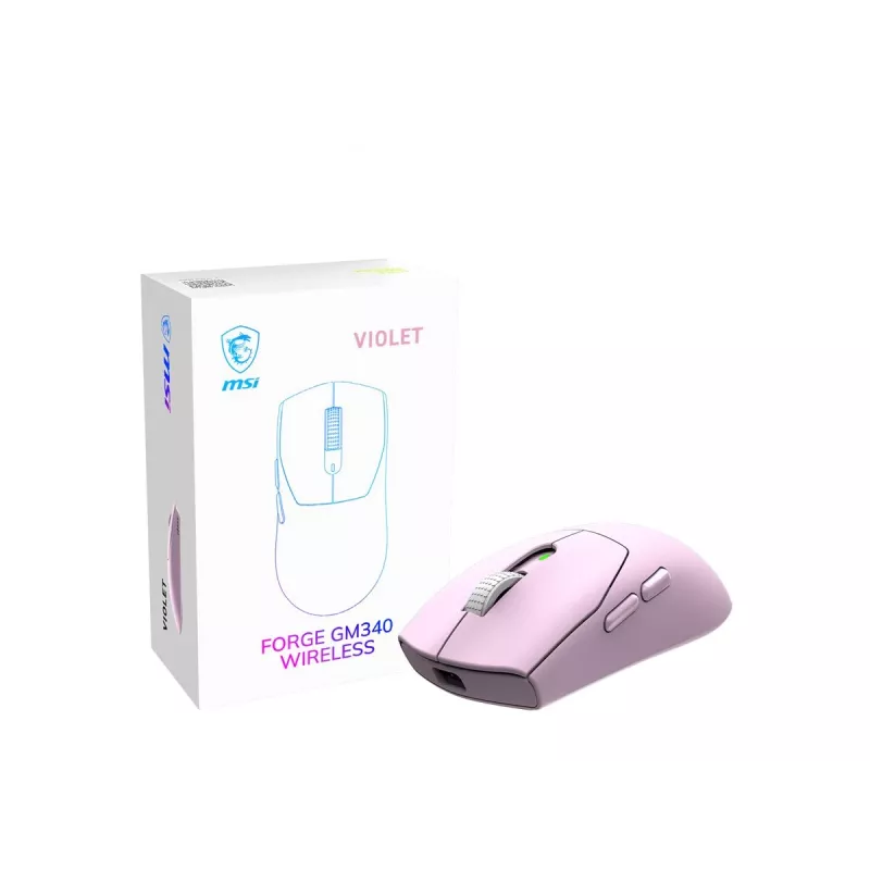 MSI FORGE GM340 W Lightweight Gaming Mouse ar PixArt PAW-3311 sensoru, līdz 12 000 DPI, trīs režīmu bezvadu (2,4 GHz/Bluetooth/USB-C), violeta