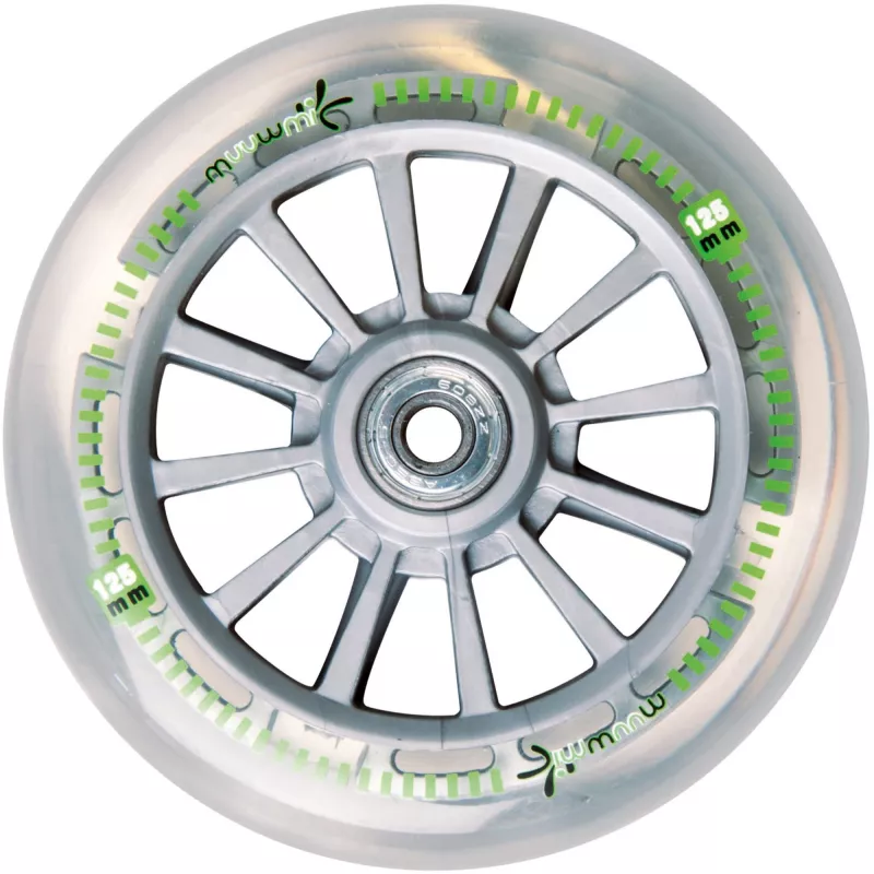 MUUWMI AU 102 alumīnija skrejritenis Neon 125 mm ar LED apgaismotiem riteņiem, salokāms, ABEC 5 gultņi, maks. 50 kg, neona zaļš/melns