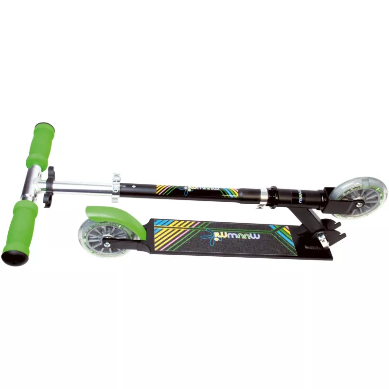 MUUWMI AU 102 alumīnija skrejritenis Neon 125 mm ar LED apgaismotiem riteņiem, salokāms, ABEC 5 gultņi, maks. 50 kg, neona zaļš/melns