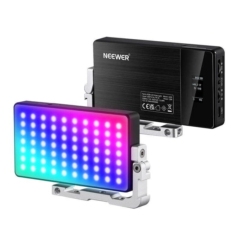 NEEWER SL90 Pro RGB LED video gaisma, 12W, 2500-10000K, CRI 97+, OLED displejs, 17 efekti, iebūvēts akumulators, USB-C, 1/4 inch stiprinājums