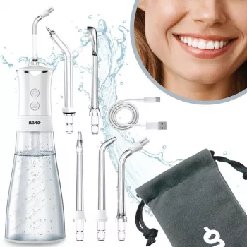 NENO Pulsar White pārnēsājamais mutes irigators ar 300 ml tvertni, 3 spiediena režīmiem, USB-C uzlādējams, IPX7 ūdensizturīgs, 4 uzgaļiem