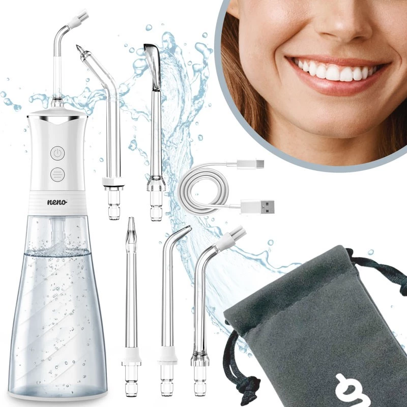 NENO Pulsar White pārnēsājamais mutes irigators ar 300 ml tvertni, 3 spiediena režīmiem, USB-C uzlādējams, IPX7 ūdensizturīgs, 4 uzgaļiem