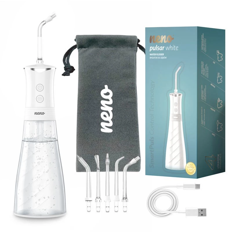 NENO Pulsar White pārnēsājamais mutes irigators ar 300 ml tvertni, 3 spiediena režīmiem, USB-C uzlādējams, IPX7 ūdensizturīgs, 4 uzgaļiem