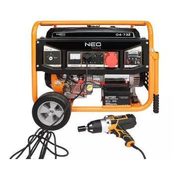 NEO TOOLS 04-732 Trīsfāžu benzīna ģenerators 7.5 kW ar AVR, elektrisko palaišanu, riteņiem