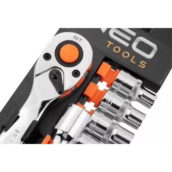 NEO Tools 10-030 219-Daļu 1/4 collu, 3/8 collu, 1/2 collu Piedziņas Uzgriežņu atslēgu un uzgriežņu komplekts ar sprūdratiem, uzgaļiem un piederumiem plastmasas kastē