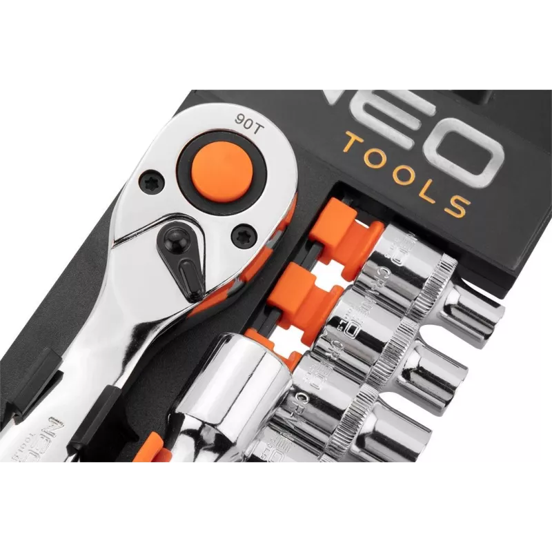 NEO Tools 10-030 219-Daļu 1/4 collu, 3/8 collu, 1/2 collu Piedziņas Uzgriežņu atslēgu un uzgriežņu komplekts ar sprūdratiem, uzgaļiem un piederumiem plastmasas kastē