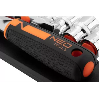 NEO Tools 10-030 219-Daļu 1/4 collu, 3/8 collu, 1/2 collu Piedziņas Uzgriežņu atslēgu un uzgriežņu komplekts ar sprūdratiem, uzgaļiem un piederumiem plastmasas kastē