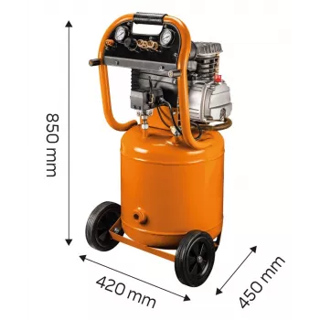 NEO TOOLS 12K010 Vertikālais eļļas ieeļļotais gaisa kompresors, 40 L tvertne, 230 V, 1.5 kW, 8 bar, 206 L/min iesūkšana, riteņi un rokturis