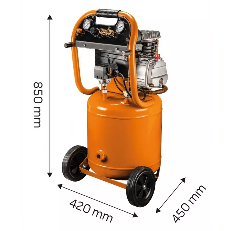 NEO TOOLS 12K010 Vertikālais eļļas ieeļļotais gaisa kompresors, 40 L tvertne, 230 V, 1.5 kW, 8 bar, 206 L/min iesūkšana, riteņi un rokturis