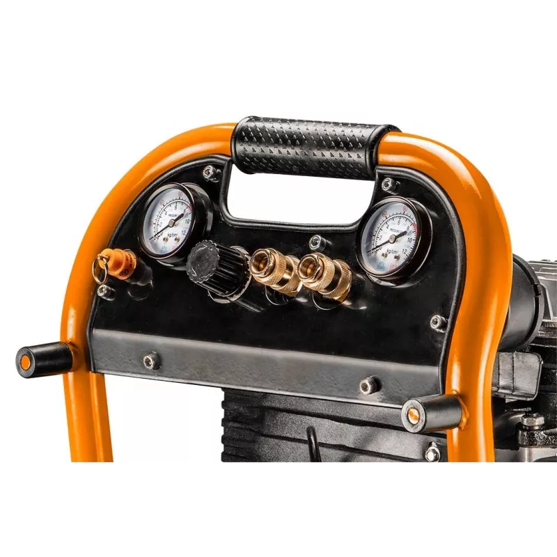 NEO TOOLS 12K010 Vertikālais eļļas ieeļļotais gaisa kompresors, 40 L tvertne, 230 V, 1.5 kW, 8 bar, 206 L/min iesūkšana, riteņi un rokturis
