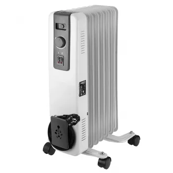 NEO TOOLS 1500W eļļas radiators ar 7 sekcijām, 3 siltuma režīmiem, regulējamu termostatu, aizsardzību pret pārkaršanu, apgāšanās slēdzi, iebūvētiem riteņiem, balts