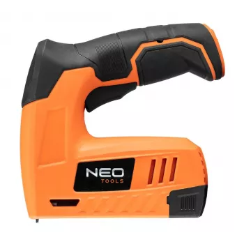 NEO Tools 16-050 Manuālā skavošanas pistole polsterēšanai, izolācijai un dekoratīviem darbiem, regulējams spēks, J-tipa skavas 6-14 mm, melna/oranža