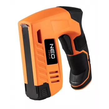 NEO Tools 16-050 Manuālā skavošanas pistole polsterēšanai, izolācijai un dekoratīviem darbiem, regulējams spēks, J-tipa skavas 6-14 mm, melna/oranža