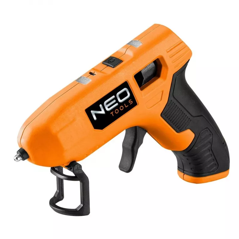 NEO Tools 17-083 20W vada karstās līmes pistole ar pretpilēšanas uzgali, 11mm līmes stienīšiem, integrētu statīvu, 230V, oranža/melna